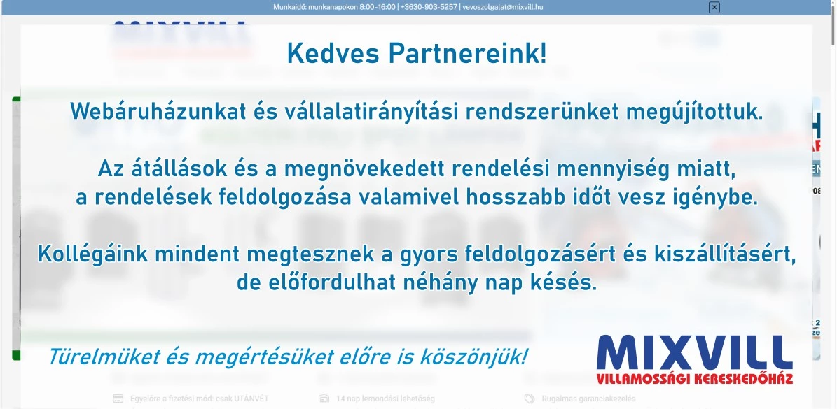 Mixvill villamossági kereskedőház és webáruház