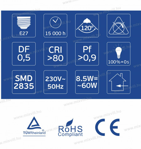 LED-izzo-e27-8,5W-8W-9W-hagyomanyos-3000k-4000k-6500k-omu-lighting-mixvill-adatok