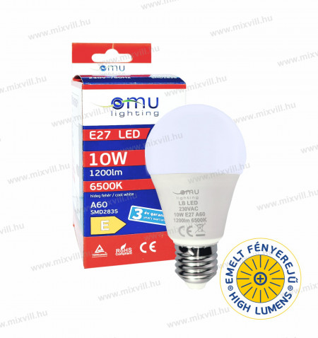 LED-izzo-A60-e27-10W-hagyomanyos-6500k-hideg-feher-omu-lighting-foglalat-emelt-fenyu