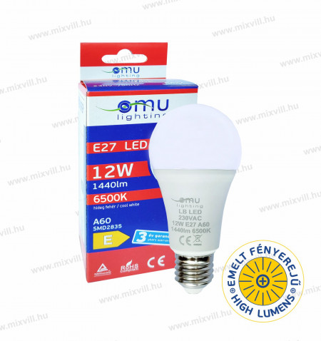 LED-izzo-A60-e27-12W-hagyomanyos-6500k-hideg-feher-omu-lighting-foglalat-emelt-fenyero