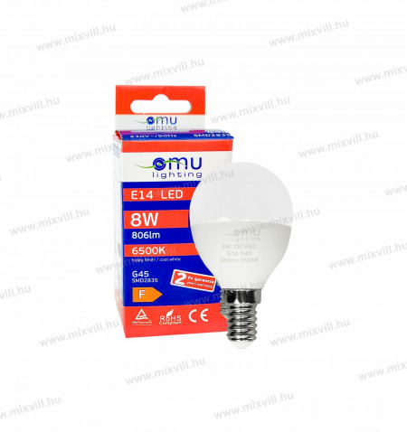 LED-izzo-G45-e14-8W-hagyomanyos-6500k-hideg-feher-omu-lighting-foglalat-izzo-kisgomb