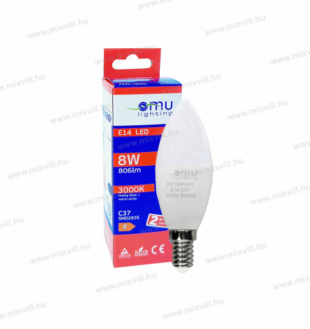 LED-izzo-C37-e14-8W-3000k-meleg-feher-omu-lighting-foglalat-izzo-csillar-gyertya-ego