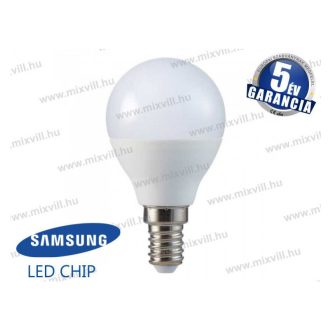   V-TAC SKU-265 LED lámpa E14 gömb 4,5W 6400K 470lm 180° vil.szög Samsung Chip 5 Év Garancia A+