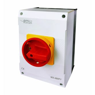   OMU system MX-480PY 4 pólusú 80A tűzvédelmi tokozott ipari kapcsoló 4x80A IP65 forgócsapos lakatolha