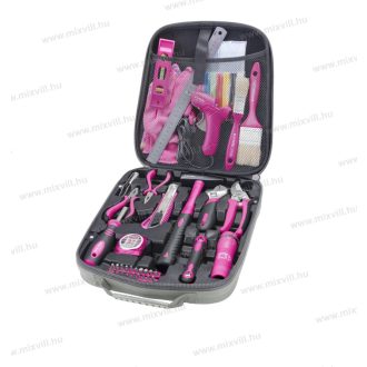   Extol Lady 6593 szerszámkészlet, 68db: rózsaszín, fogó, csavarhúzók, kalapács, BIT-ek, melegragasztó