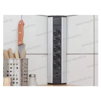 Sarokelosztó, 5x230V, 16A, alumínium ház, 2xUSB, 20485,