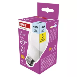   EMOS ZQ5E44 LED izzó Classic A60 / E27 / 7 W (60 W) / 806 lm / Hideg fehér