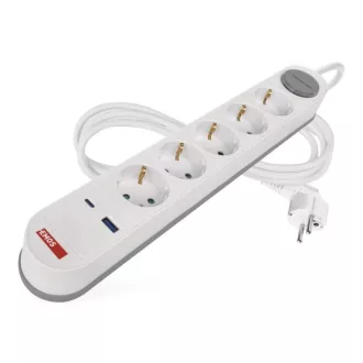   EMOS P1523FC Elosztó hosszabbító 3m 1,5 mm² vezeték 5 aljzat és USB-A + USB-C kapcsolós fehér-szürke