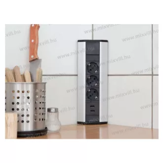   Sarokelosztó, 3 x 250V 16A, 2 x USB 2,1A, alumínium ház, 276 x 99,5 x 51,7 mm 20483