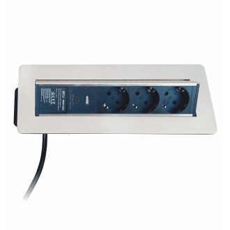   OMU system MSD8 3G2U rejtett elosztó 3x2+F schucko+ USB A+C 2,4A inox, 220-240VAC 16A, 1,8m kábel